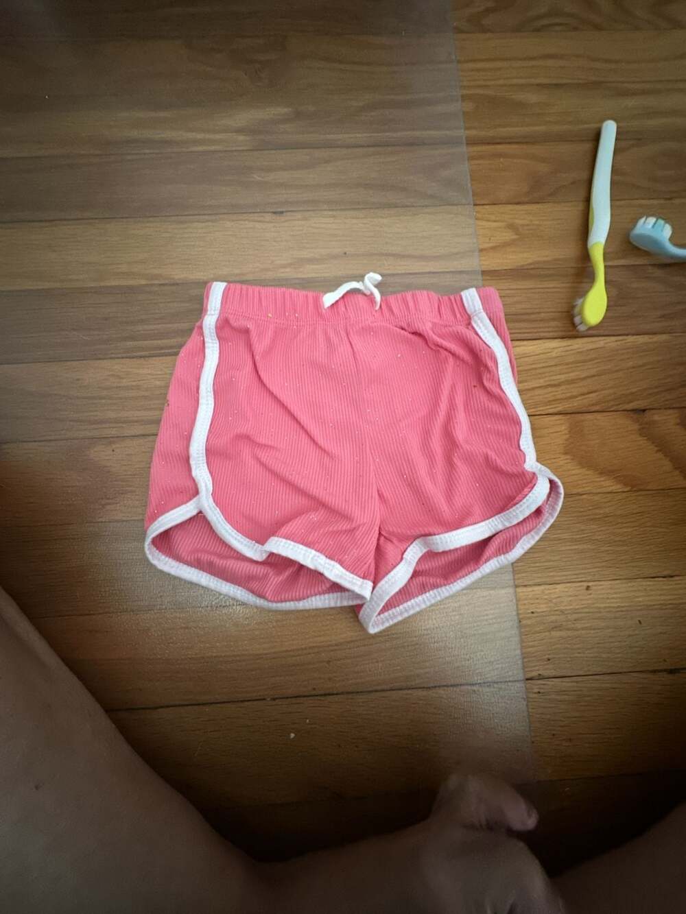 Pink Ribbed Dolphin Shorts with White Trim and Drawstring